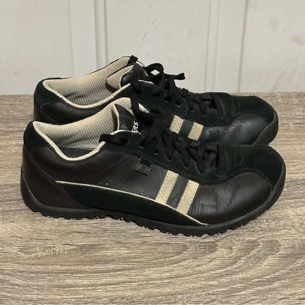 Vtg Y2K Skechers Shoes Womens Sz 6.5 Black Leather‎ Suede Bowling Chunky 45410